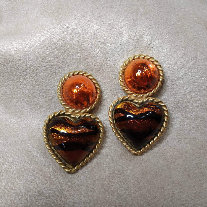 Vintage Heart Earrings by Rima Ariss Clip On Orange/Amber Leopard - The Hirst Collection