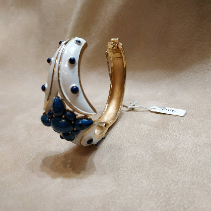 Trifari white enamel Lapis blue clamper bangle - The Hirst Collection