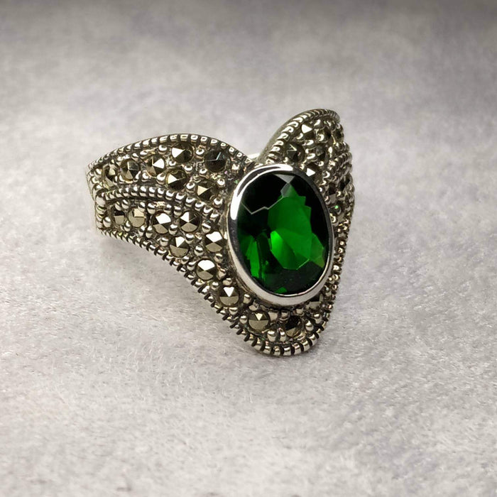 Art Deco Ring Silver Emerald Green Marcasite wishbone - The Hirst Collection