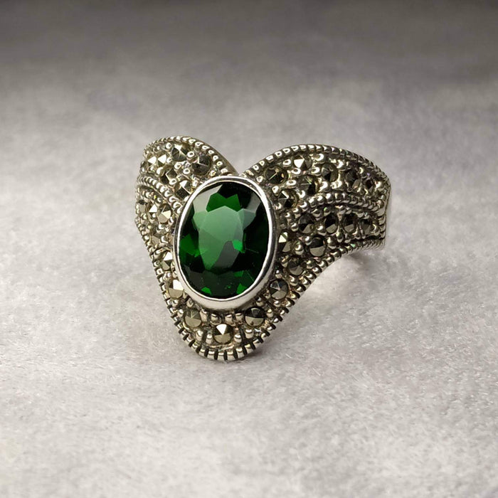 Art Deco Ring Silver Emerald Green Marcasite wishbone - The Hirst Collection