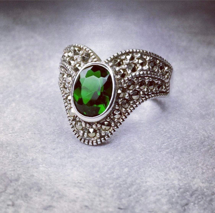 Art Deco Ring Silver Emerald Green Marcasite wishbone - The Hirst Collection