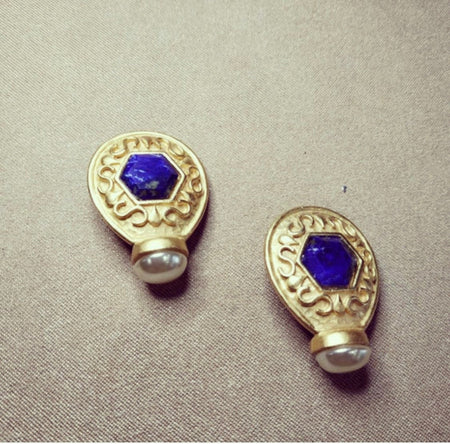 Lapis pearl Earrings by Rima Ariss Green Clip On Gold - The Hirst Collection
