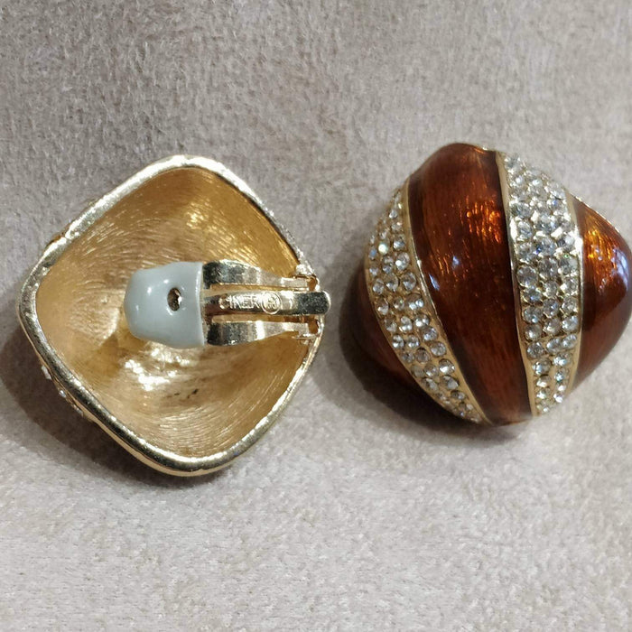 Ciner Vintage Art Deco Earrings Gold / Brown enamel Clip On - The Hirst Collection