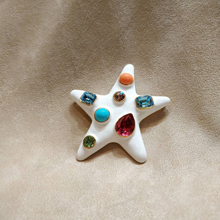 Kenneth Jay Lane Starfish Brooch White Enamel Coral Turquiose Large Statement - The Hirst Collection
