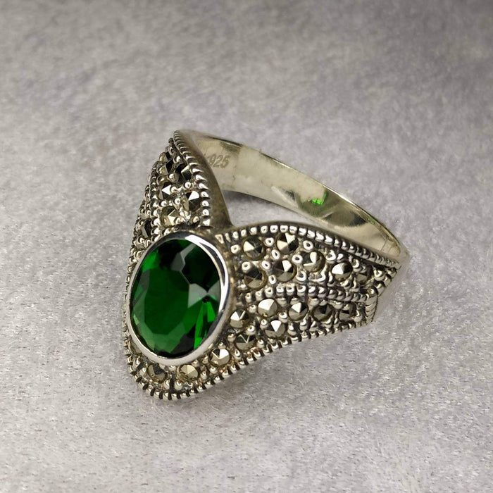 Art Deco Ring Silver Emerald Green Marcasite wishbone - The Hirst Collection