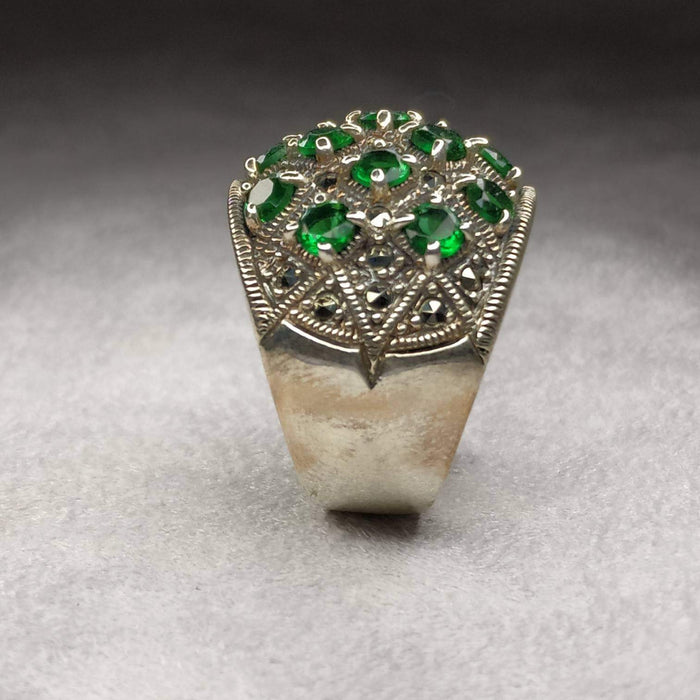 Art Deco Dots Ring Silver Emerald Green Marcasite - The Hirst Collection