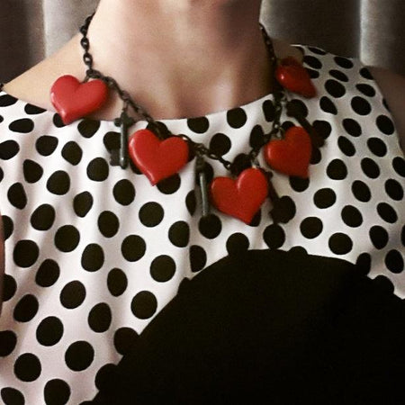 Hearts and Keys Necklace Bakelite Reproduction Red and Black - The Hirst Collection
