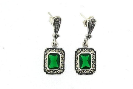 Silver Marcasite Emerald Earrings Square Green Crystal - The Hirst Collection