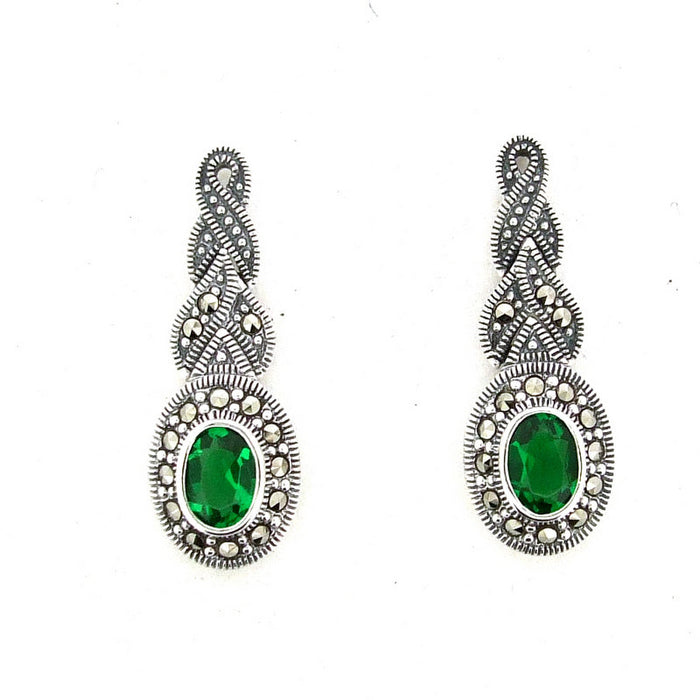 Emerald Green Earrings Silver Marcasite Oval Cubic Zirconia - The Hirst Collection