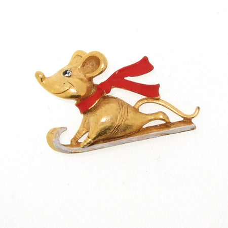 Butler & Wilson Christmas Tree Mouse on a Sled Brooch Pin - The Hirst Collection
