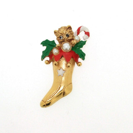 Butler & Wilson Christmas Tree cat in Stocking Brooch Pin - The Hirst Collection