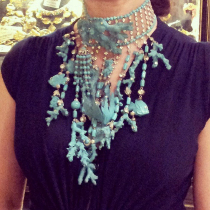 Huge Carlo Zini Choker Statement Necklace in Turquoise Coral with Fish - The Hirst Collection