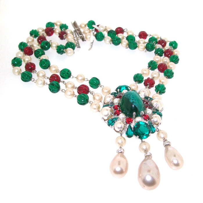 Vintage 1960 Christian Dior Necklace triple row glass bead and pearl necklace - The Hirst Collection