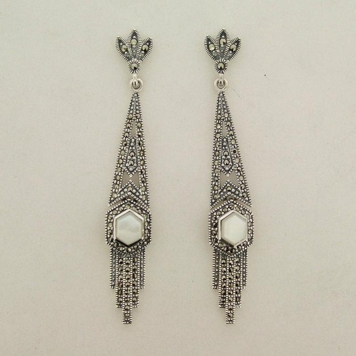 Art Deco Earrings Mother of Pearl Vintage Bride Wedding Silver Marcasite - The Hirst Collection