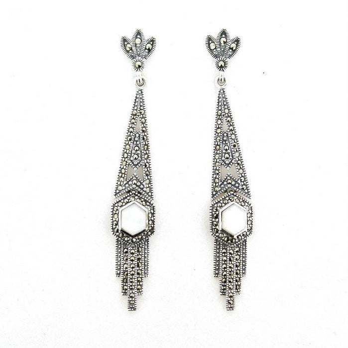 Art Deco Earrings Mother of Pearl Vintage Bride Wedding Silver Marcasite - The Hirst Collection