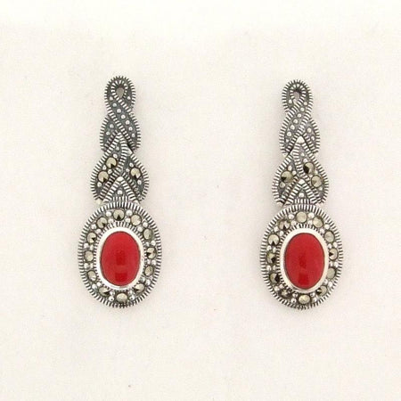 Silver Marcasite Coral Earrings Oval - The Hirst Collection