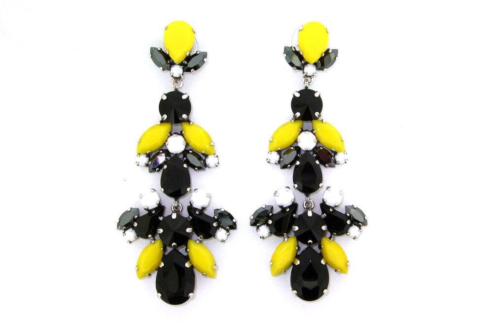 Black and Yellow Glass and Crystal Chandelier Pierced Earrings by Frangos - The Hirst Collection