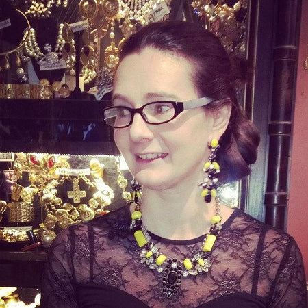 Black and Yellow Glass and Crystal Chandelier Pierced Earrings by Frangos - The Hirst Collection