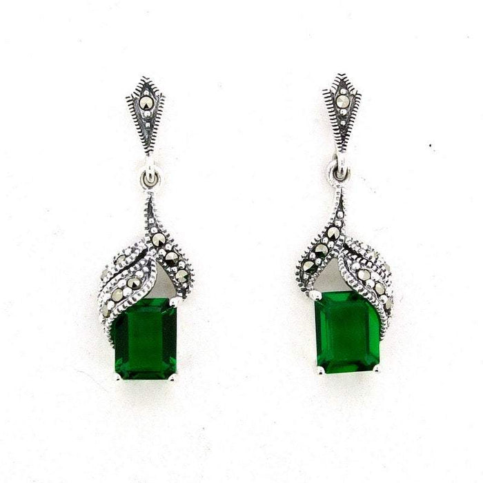 Art Deco Earrings Emerald Green Silver Marcasite  Crystal - The Hirst Collection