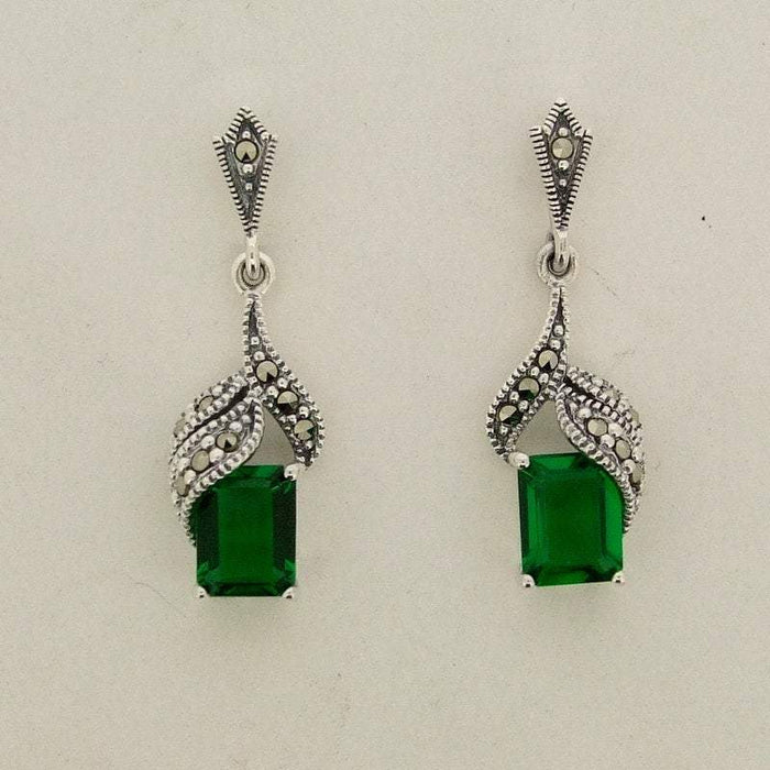 Art Deco Earrings Emerald Green Silver Marcasite  Crystal - The Hirst Collection