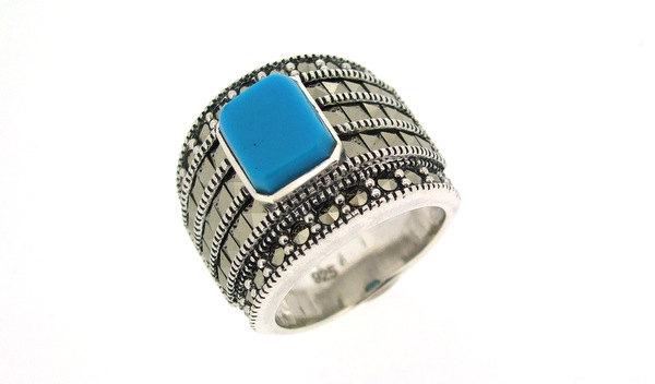 Art Deco Ring Silver Turquoise Marcasite - The Hirst Collection