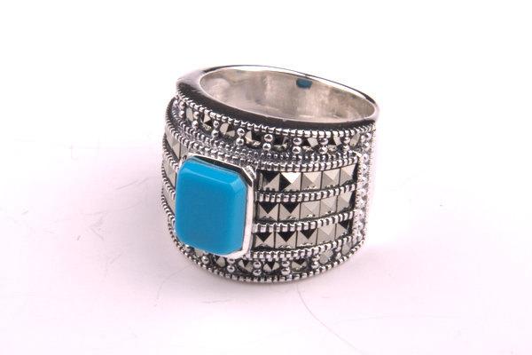 Art Deco Ring Silver Turquoise Marcasite - The Hirst Collection