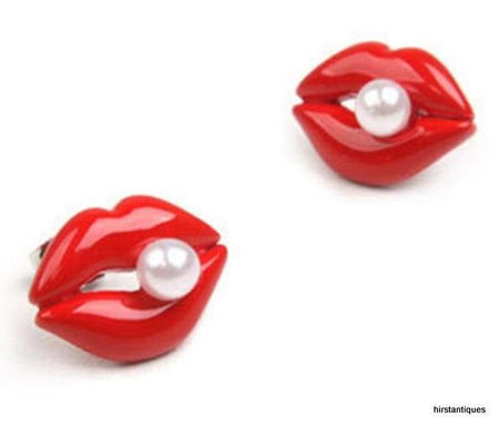 Red Lips Earrings Enamel with Pearl - The Hirst Collection