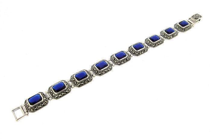 Silver Marcasite Sapphire Bracelet Square Blue Crystal - The Hirst Collection