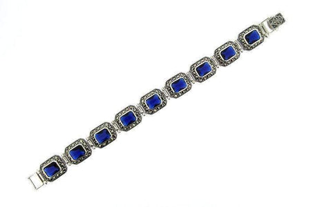 Silver Marcasite Sapphire Bracelet Square Blue Crystal - The Hirst Collection