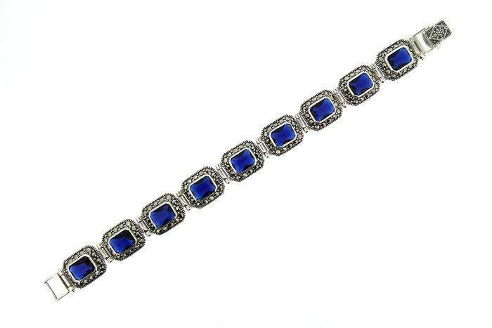 Silver Marcasite Sapphire Bracelet Square Blue Crystal - The Hirst Collection