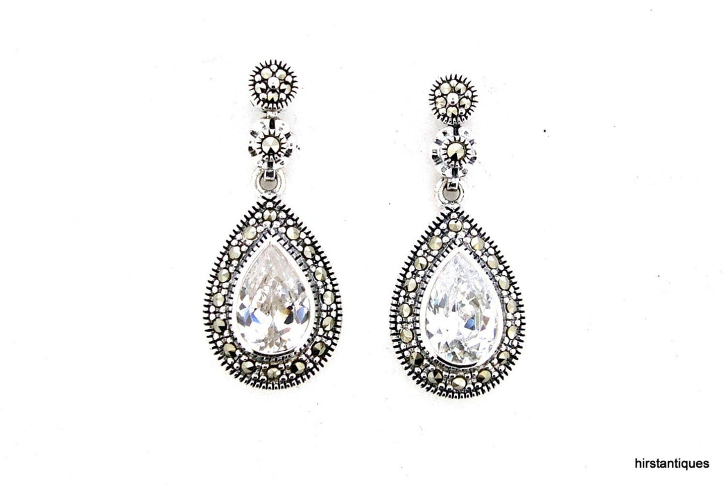 Silver Marcasite Clear Cubic zirconia Bridal Earrings Vintage Wedding Large Tear Drop - The Hirst Collection