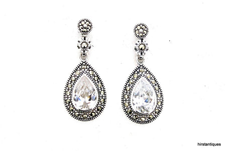 Silver Marcasite Clear Cubic zirconia Bridal Earrings Vintage Wedding Large Tear Drop - The Hirst Collection