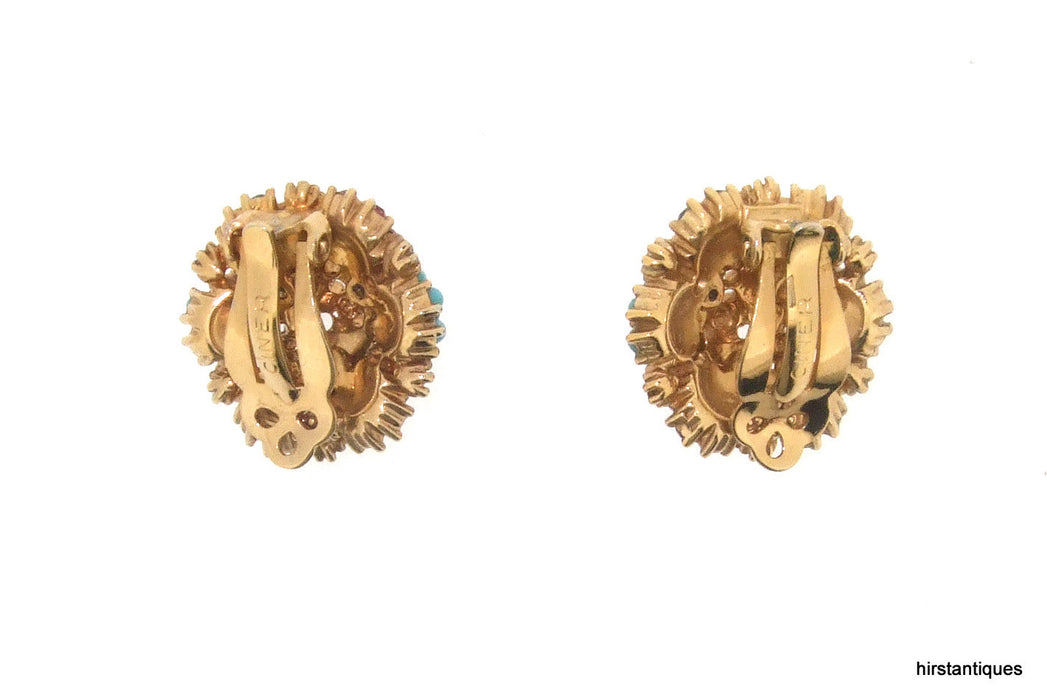 Vintage Ciner Earrings gold multi-coloured floral flowers clip-on - The Hirst Collection
