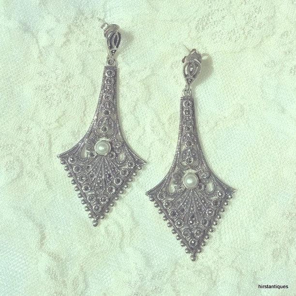 Pearl earrings Silver Marcasite Bridal Vintage Wedding Lace Effect - The Hirst Collection