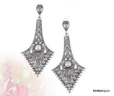 Pearl earrings Silver Marcasite Bridal Vintage Wedding Lace Effect - The Hirst Collection