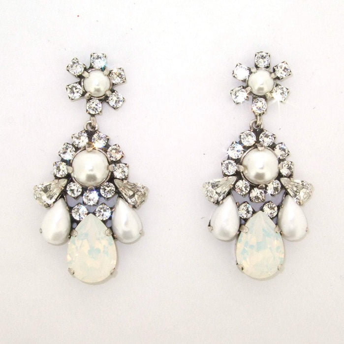 Bridal Pearl Earrings Crystal Chandelier Pierced - The Hirst Collection