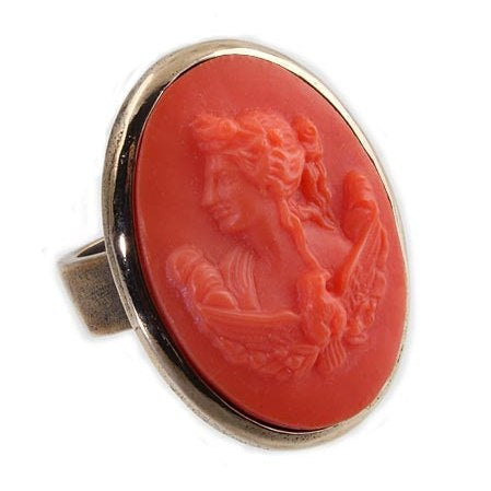 Extasia Cameo Ring Coral German Glass Bronze - The Hirst Collection