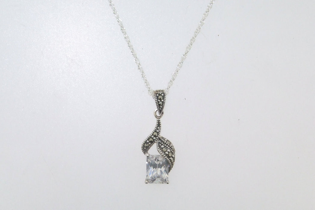 Silver Marcasite Bridal Pendant Necklace Crystal Wedding - The Hirst Collection