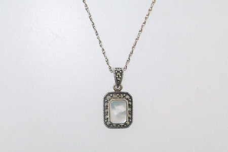 Mother of Pearl Bridal Pendant Necklace Silver Marcasite Vintage Wedding - The Hirst Collection