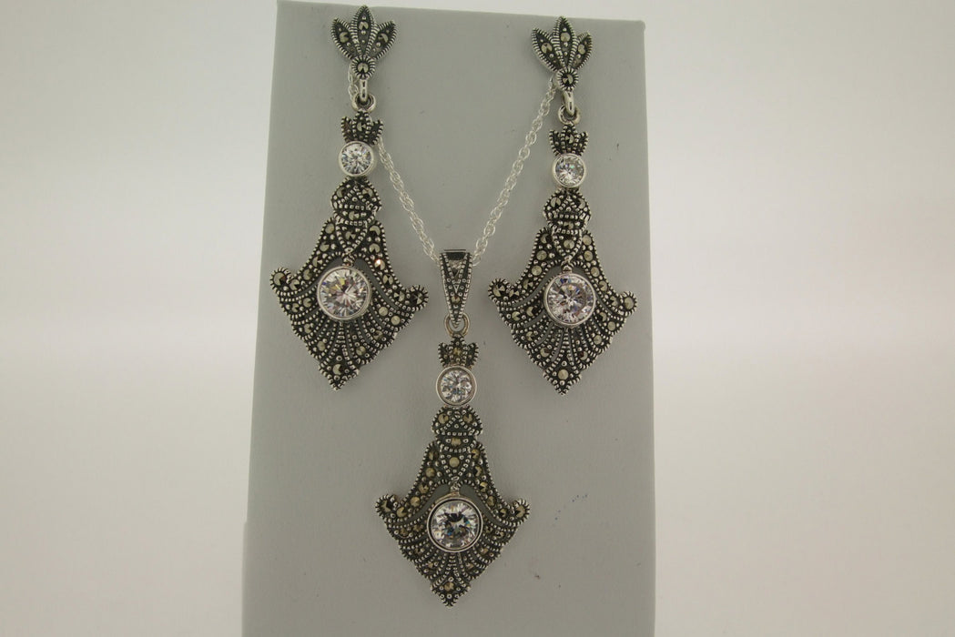 Crystal Spear Drop Silver Marcasite Earrings - The Hirst Collection
