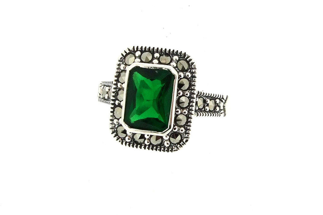 Emerald Green Princess Solitaire Marcasite Silver Ring - The Hirst Collection