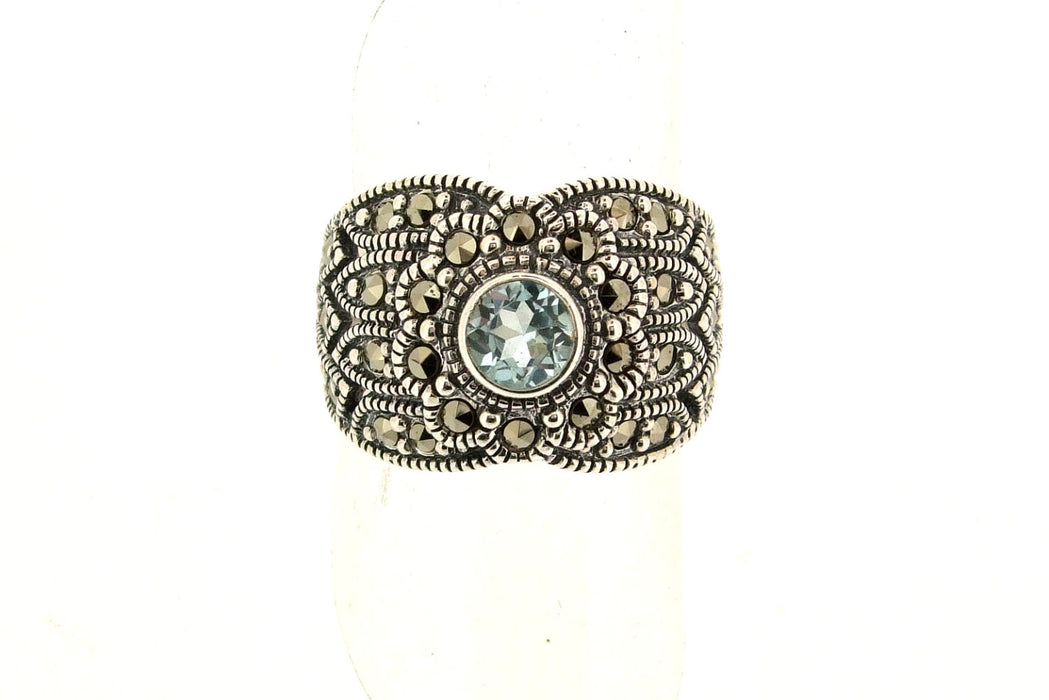 Blue Topaz Spiraled Silver Marcasite Ring - The Hirst Collection