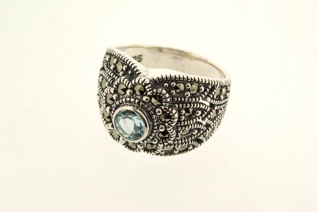 Blue Topaz Spiraled Silver Marcasite Ring - The Hirst Collection