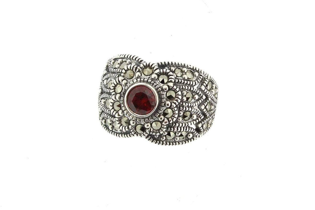 Art Deco Ring Silver Red Garnet Marcasite - The Hirst Collection