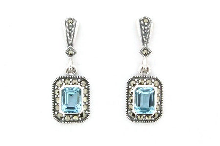 Silver Marcasite Blue Topaz Earrings Square Crystal - The Hirst Collection