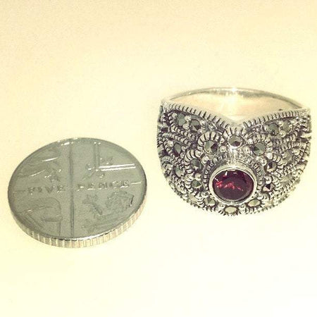 Art Deco Ring Silver Red Garnet Marcasite - The Hirst Collection