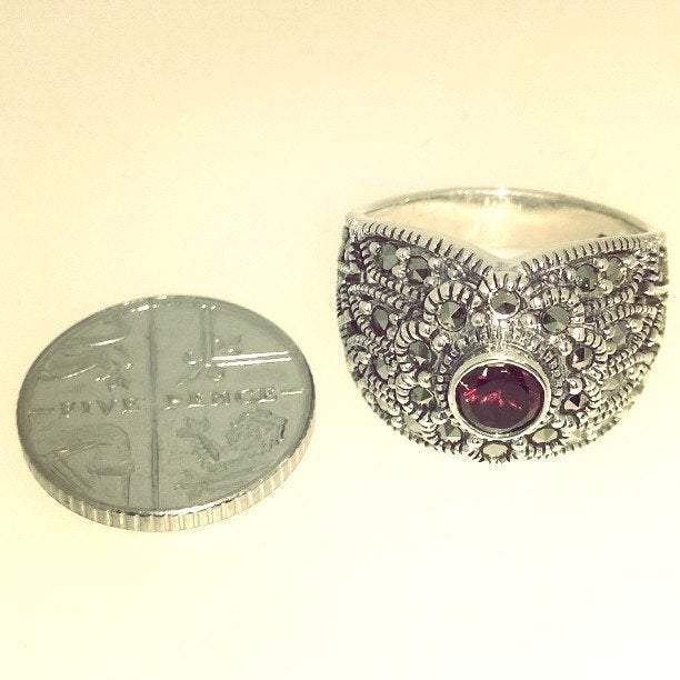 Art Deco Ring Silver Red Garnet Marcasite - The Hirst Collection