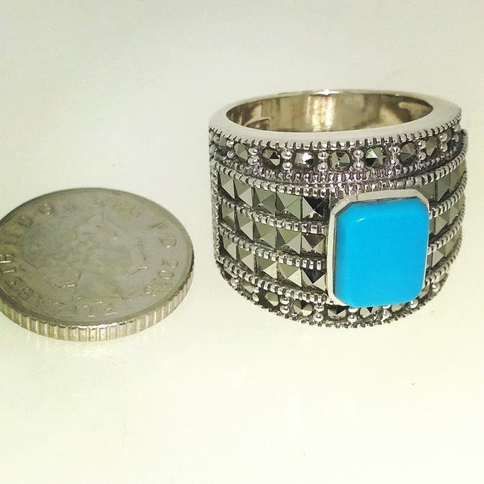 Art Deco Ring Silver Turquoise Marcasite - The Hirst Collection