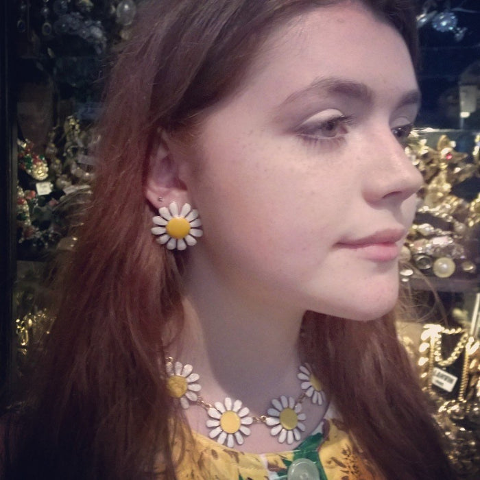 Daisy Earrings Vintage style Yellow and white Enamel Flowers - The Hirst Collection