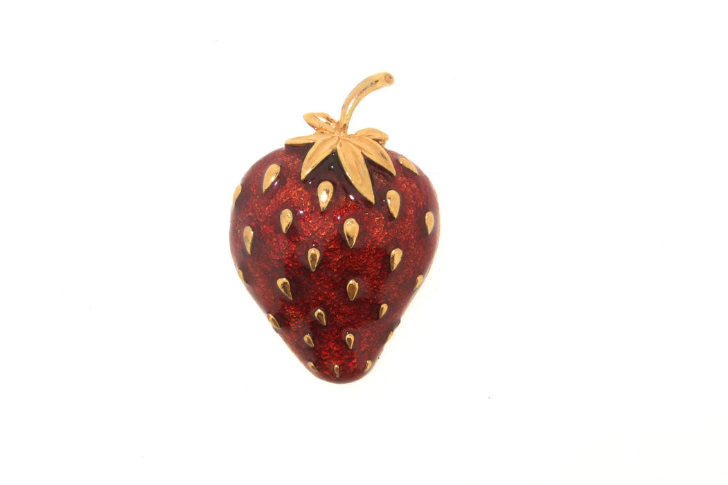 Strawberry Brooch Red Enamel Gold Fruit Pin - The Hirst Collection